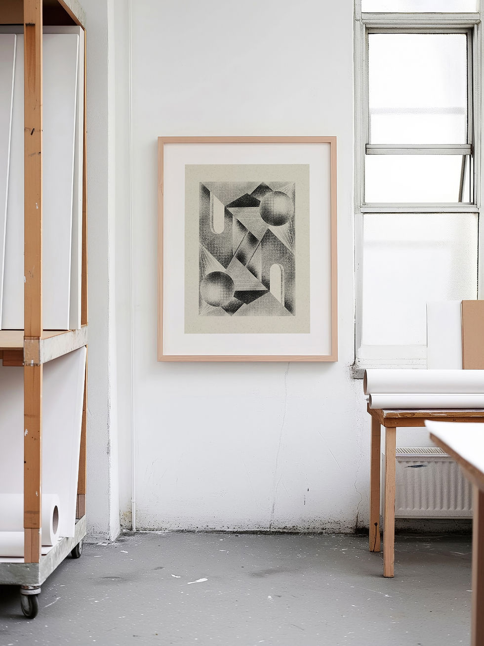 Thumbnail: Framed black and white architectural art work on a wall in an artist studio