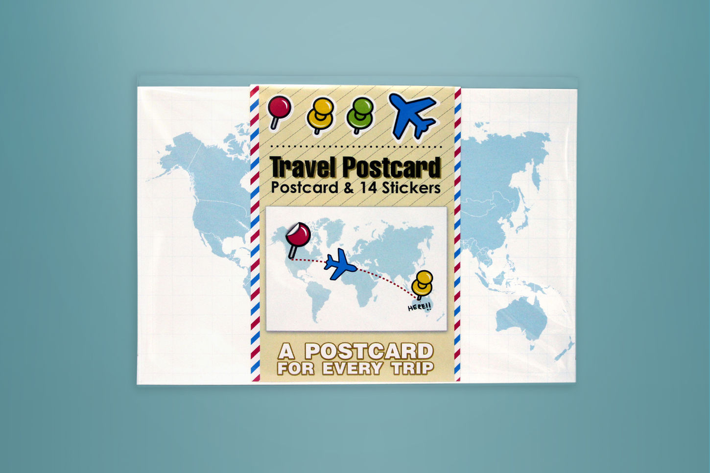Product photo of a postcard with a world map on it which you can customise with included sticker set