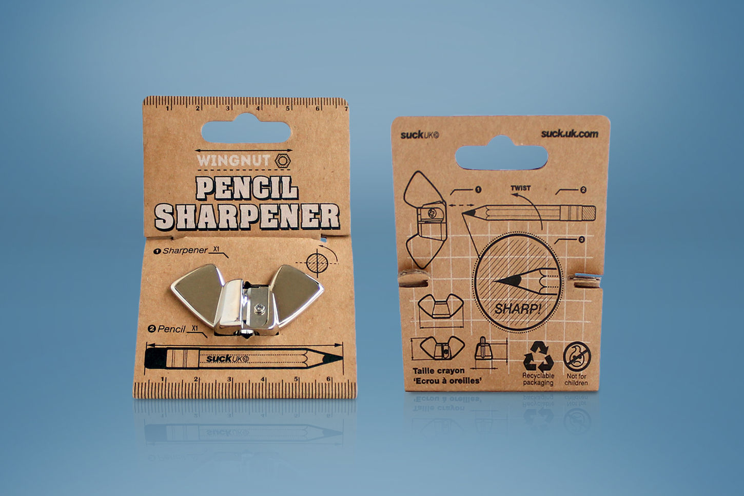 kraft paper packaging of a  pencil sharpener shaped like a wing-nut. 