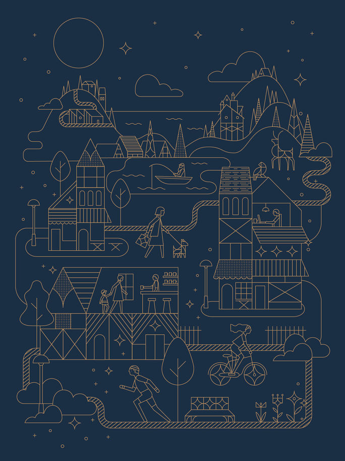 Gold geometric monoline village Illustration on navy colour background