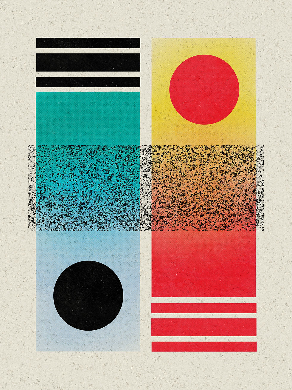 Geometric Bauhaus yin yang sun and moon shapes with vintage texture on an off white cream beige background