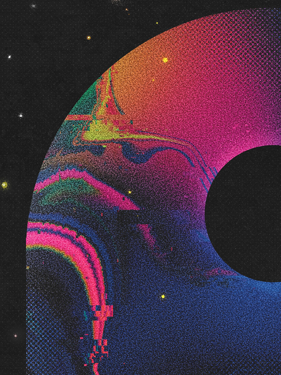 Thumbnail: A retro space art print with black hole eclipse. With psychedelic marbled sky, and a road disappearing into the horizon
