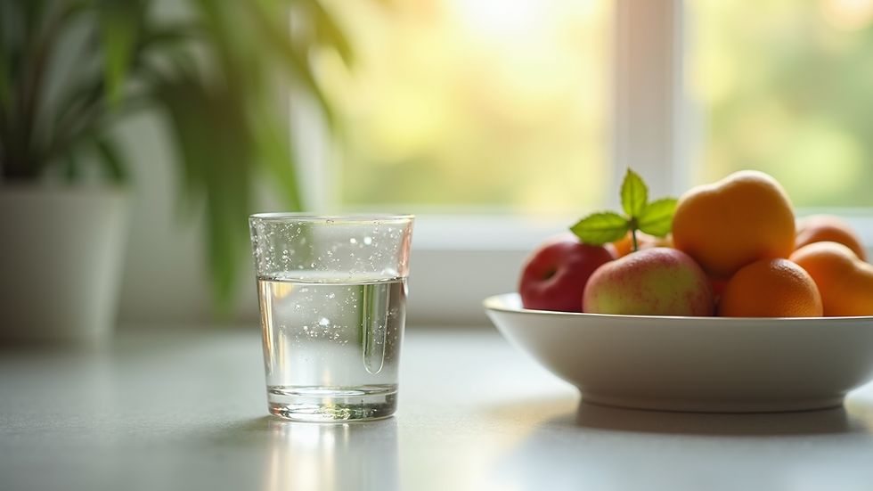 Close-up view of a glass of water and a bowl of fresh fruits