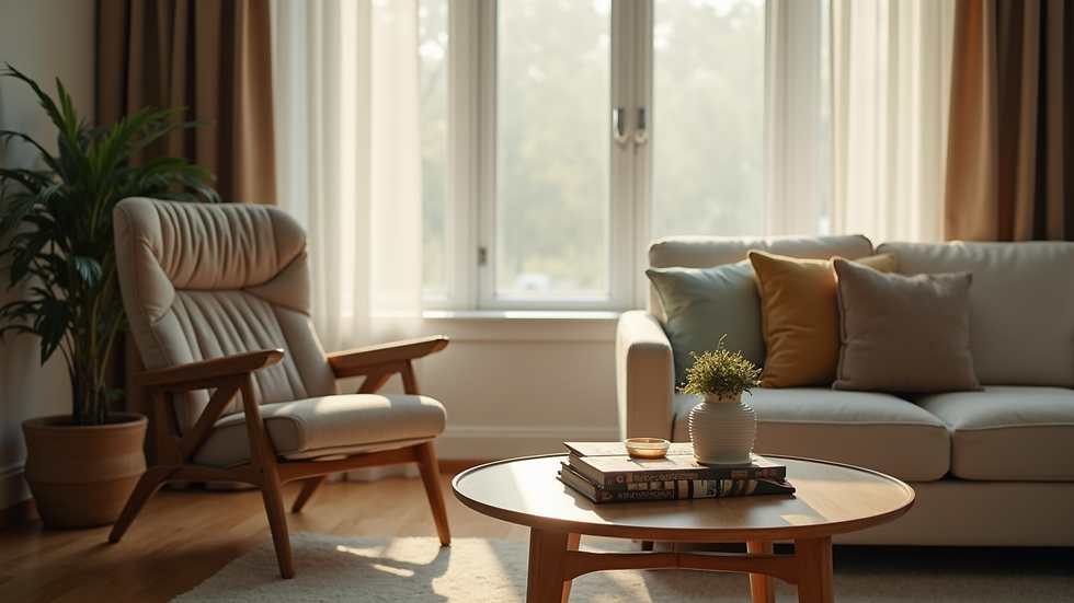 Close-up view of a comfortable living room with a supportive chair and soft lighting