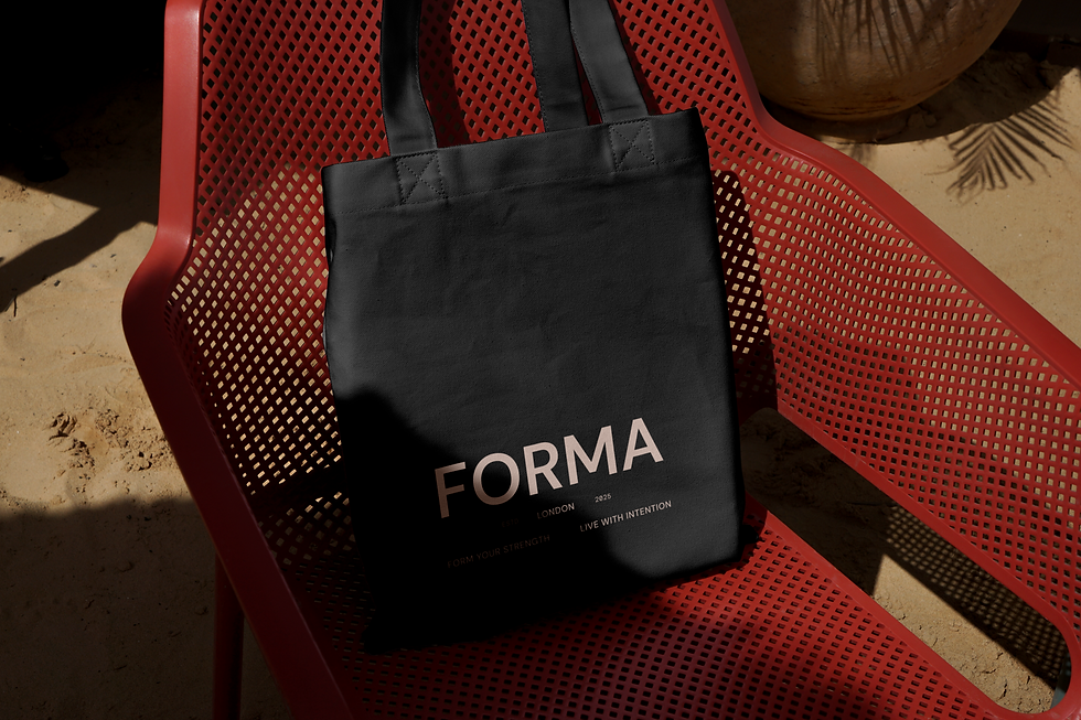 Canvas tote bag mockup featuring the Forma brand mark, designed as physical merchandise to