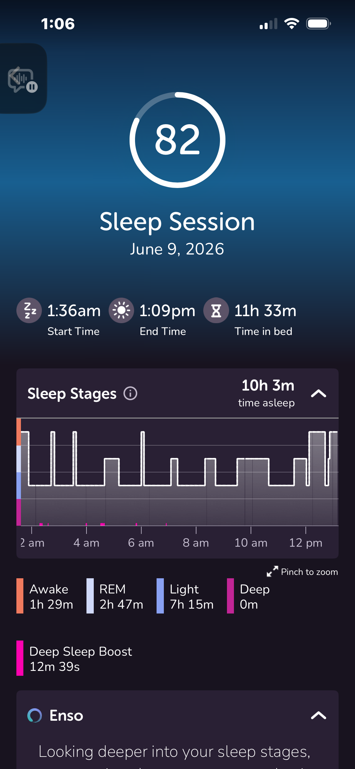 After about two to three weeks of consistent Pulsetto use, he started noticing more consistent sleep overall. The thing that really caught our attention was that deep sleep started showing up again in his Muse data. Then, on June 14, after consistently using Pulsetto since the end of May, he had his longest bout of deep sleep ever recorded with Muse.