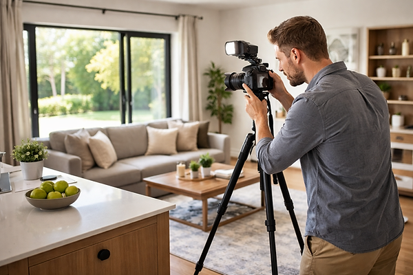 This is a picture of a man shootng real estate MLS pictures in a home. He is in the living room with a sliding glass door in the back. There is furnature in the room including a coffee table, couch, book shelf and a counter top like table with a bowl of apples and a plant. There is also a rug underneith the coffee table.