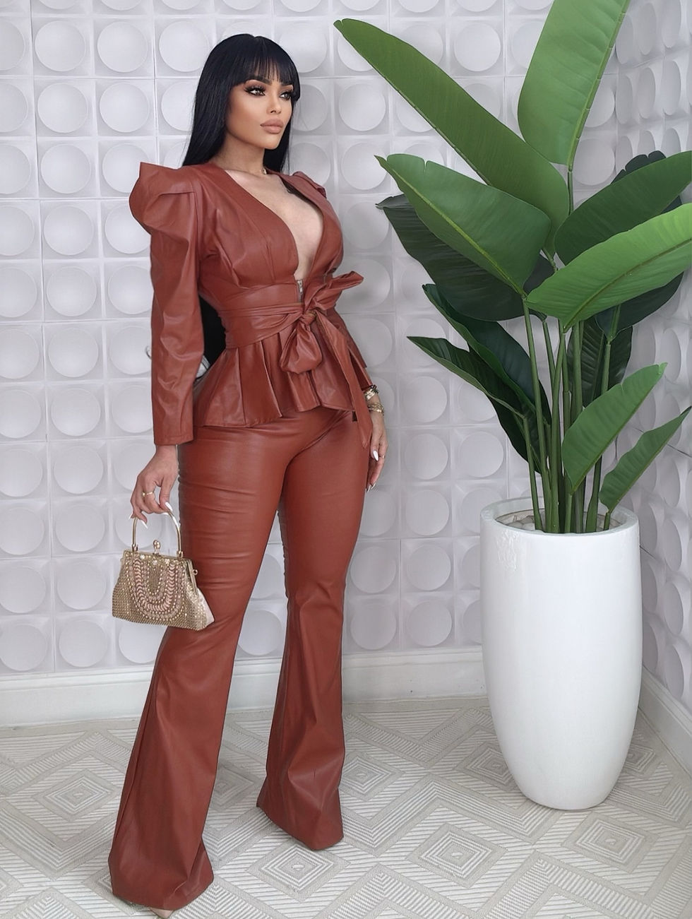 Thumbnail: Albidalove Leatherette Flare Pant Set brown