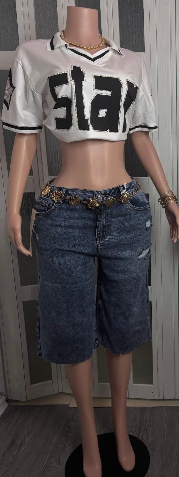 Thumbnail: Albidalove jacket with V-neck, number and stones on the front.