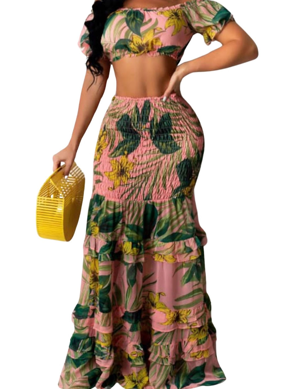 Thumbnail: Sexy Floral Print Two-piece Set, Casual Short Sleeve Slim Tops & High Waisted Lo