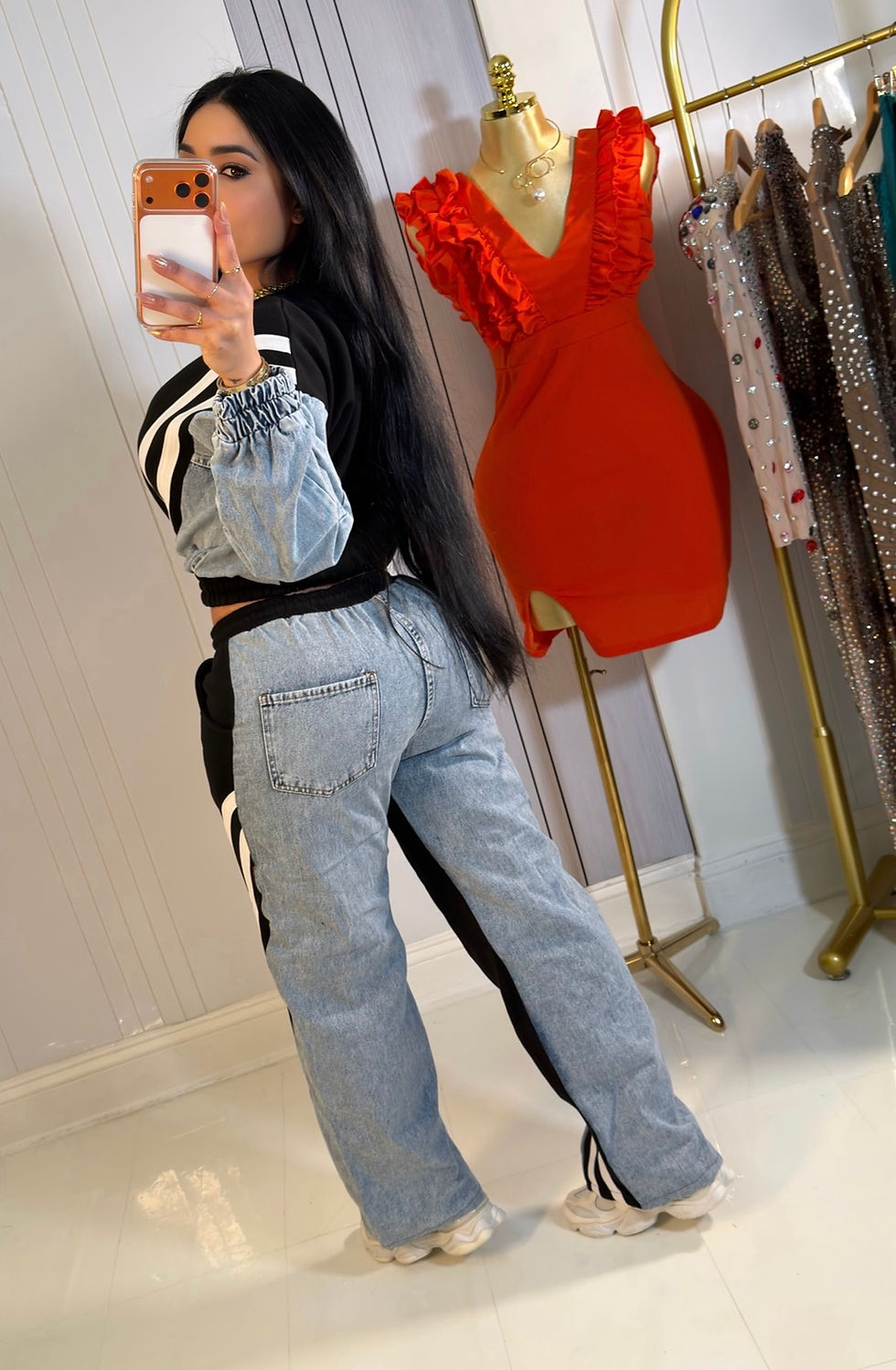 Thumbnail: Albidalove Denimoi Color Block Wide Leg Jeans Set