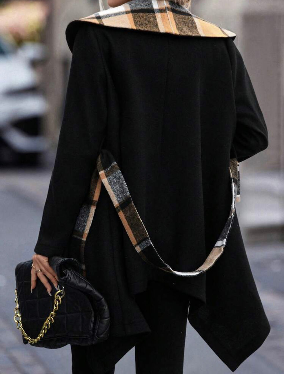 Thumbnail: Albidalove Asymmetric hem plaid panel coat with belt