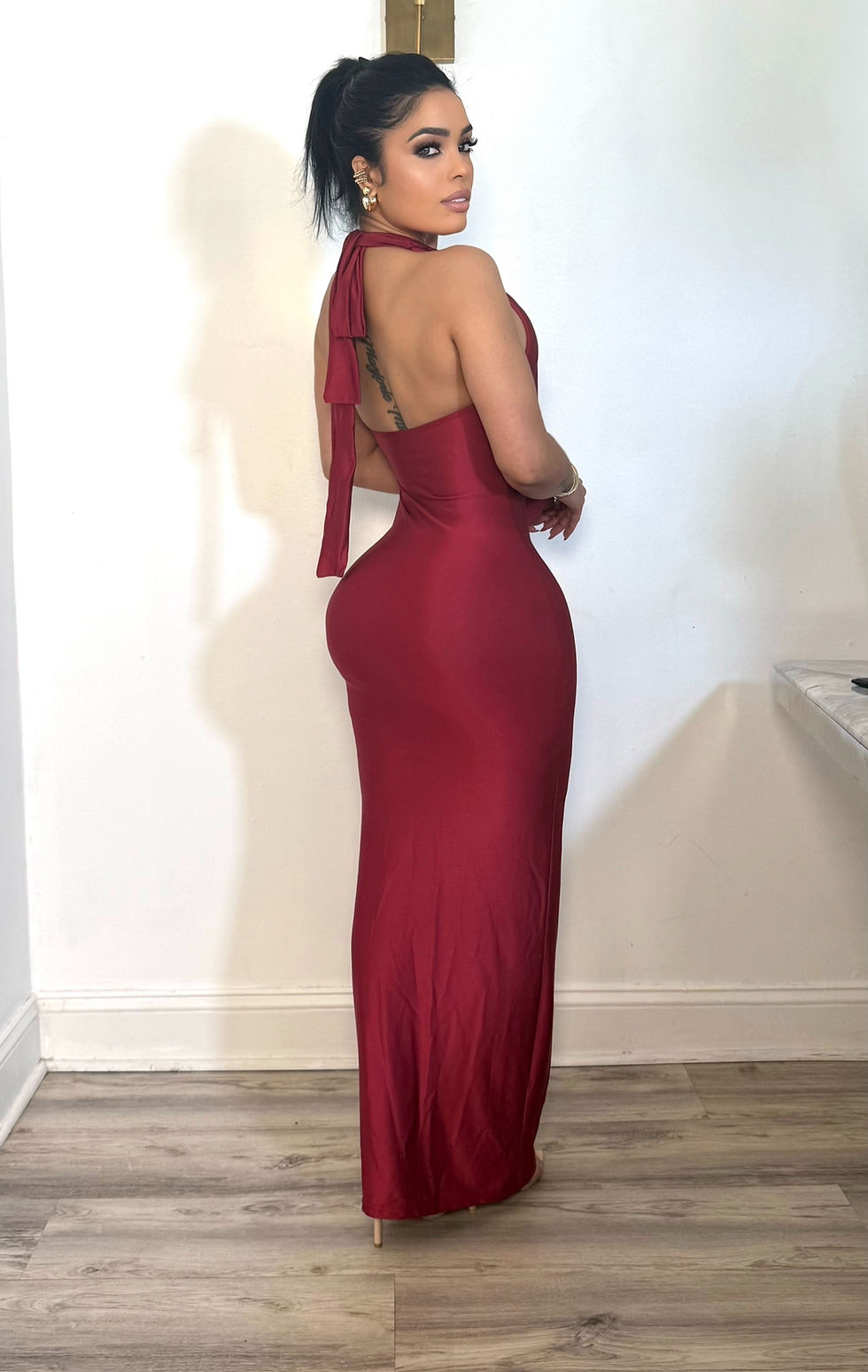 Thumbnail: Albidalove 1pc Women's Solid Color Deep V Neck Backless Fitted Long Dress