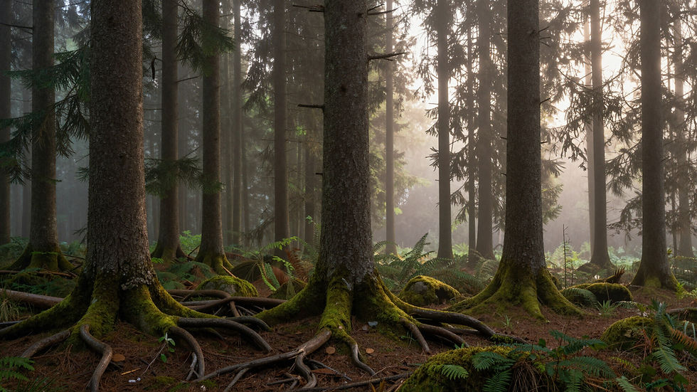 Misty forest with tall trees and exposed roots