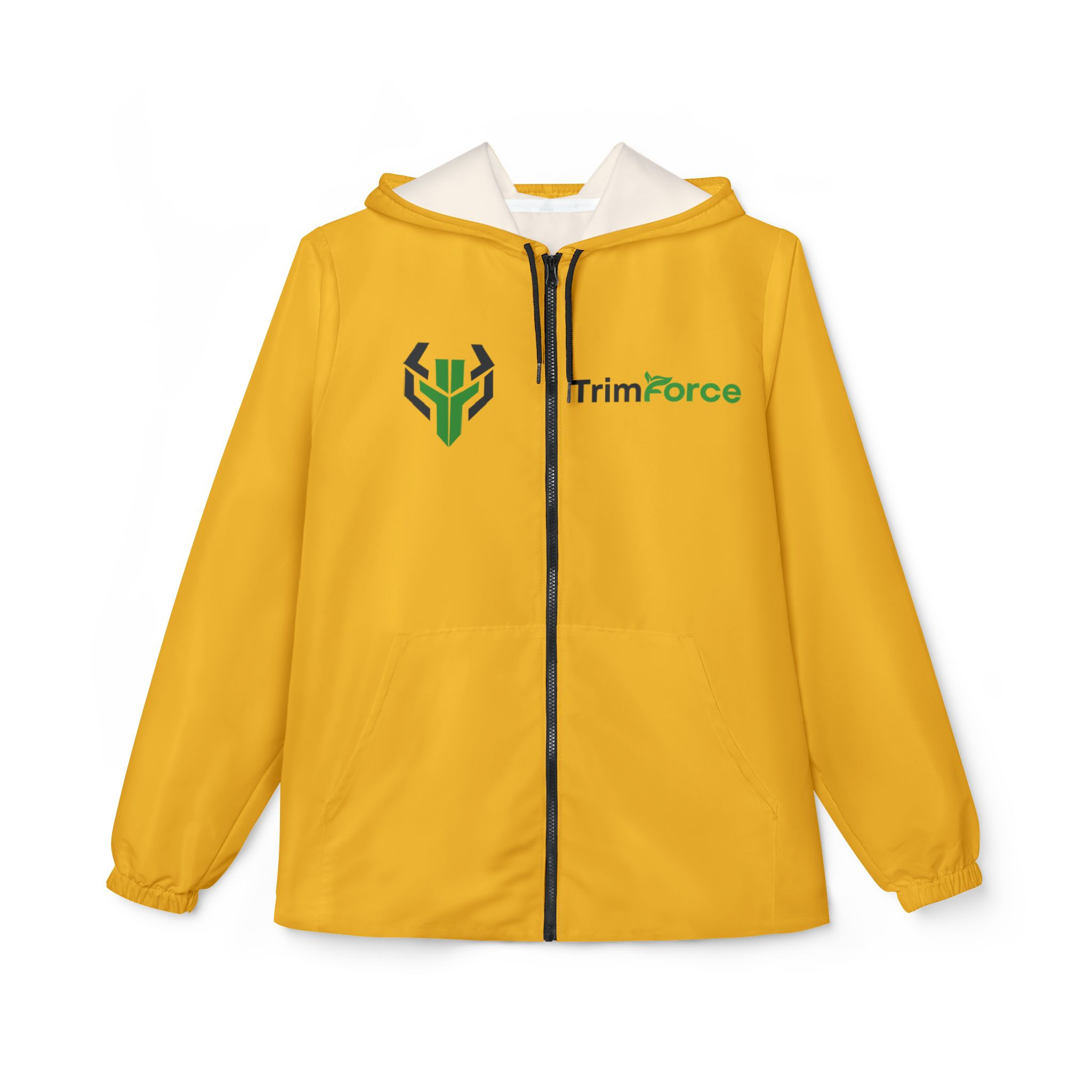 TrimForce-keltaisella logolla varustettu tuulitakki – kevyt hupullinen sadejakku