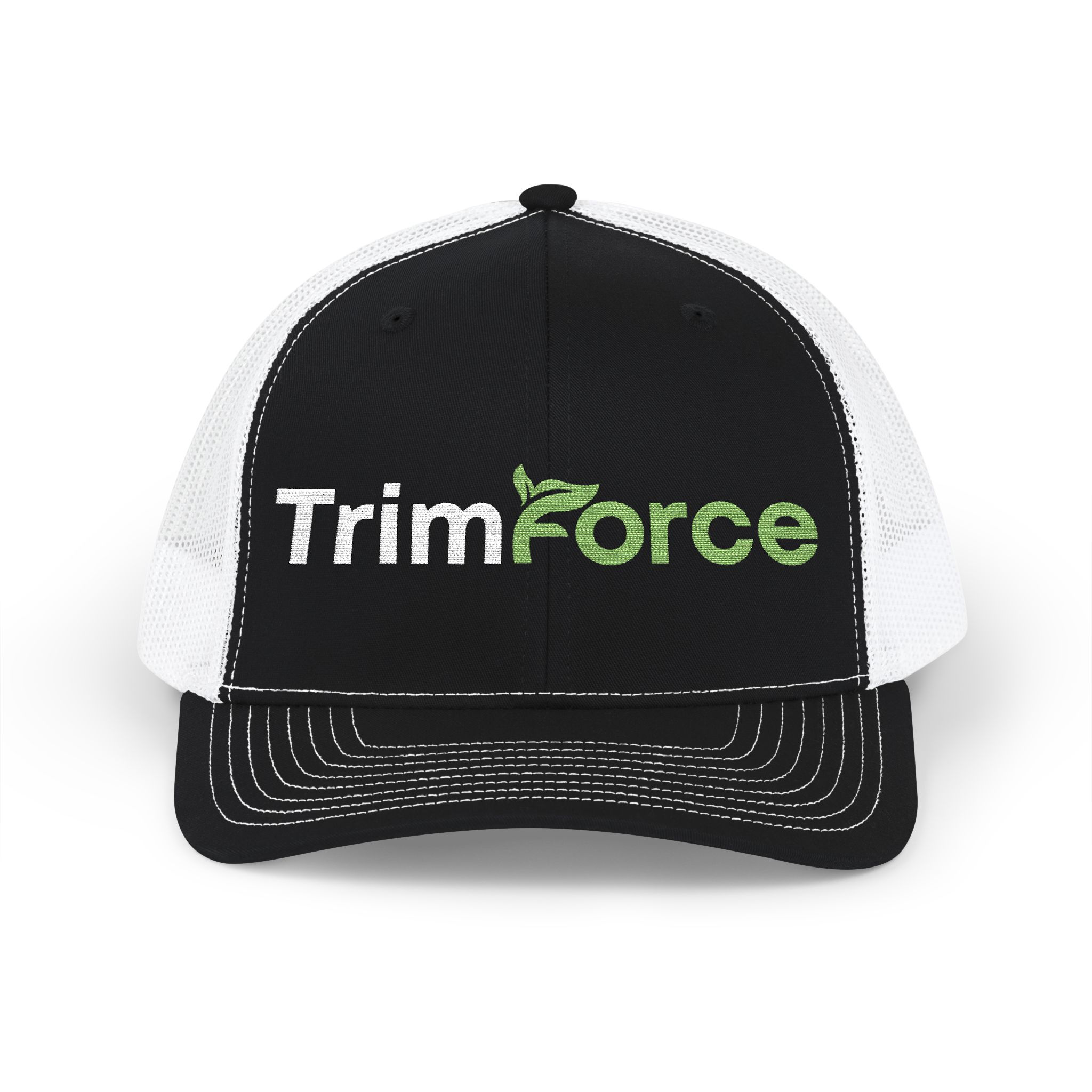 TrimForce-brodeerattu snapback-trucker-lippis — vihreällä lehtilogolla varustettu lippis