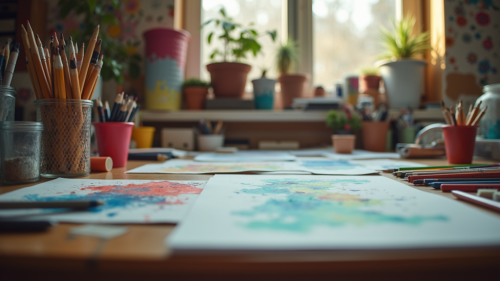 Eye-level view of a colorful art station with various supplies