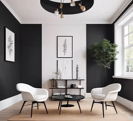 counselling room, office, two white chairs in white and black stylish room