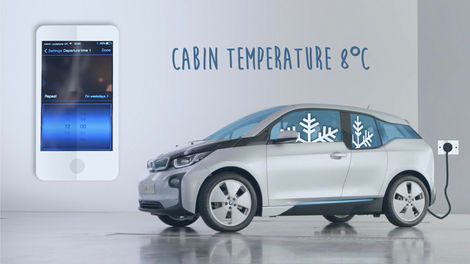 A photo of a BMW i3, with overlaid graphics of a smart phone showing an app which controls the temperature of the car.