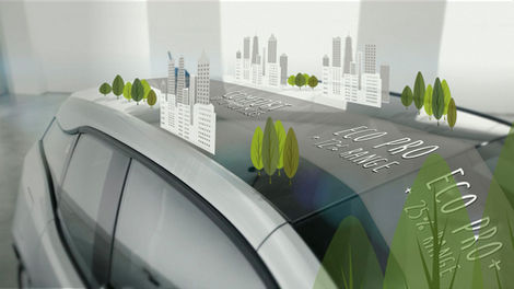 A photo of a BMW i3, with overlaid graphics of a smart phone showing a city scene on top of the vehicle.