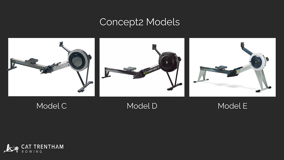 Side-by-side comparison showing Concept2 Model C, Model D, and Model E rowing machines from the side.