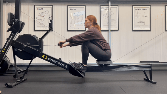 Good indoor rowing technique demonstrated over three strokes on a Concept2 RowErg
