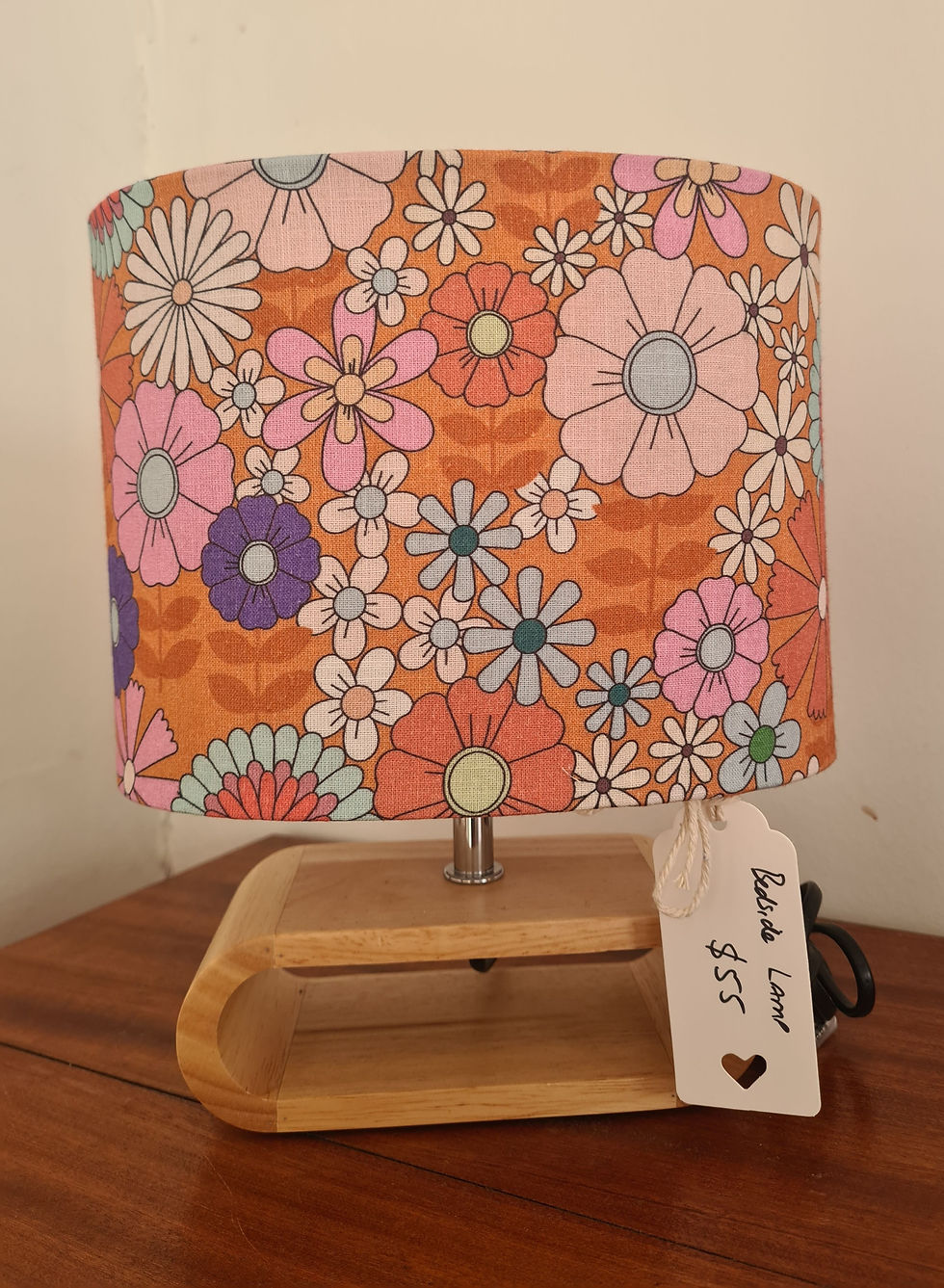 Wooden Oval Lamp with Retro Flower Shade