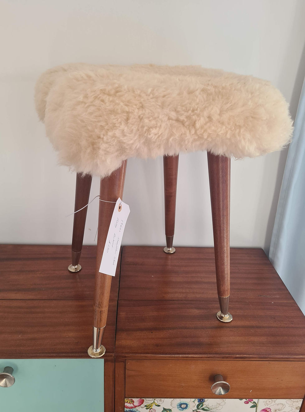 1960s Sheepskin Stool with metal leg tips