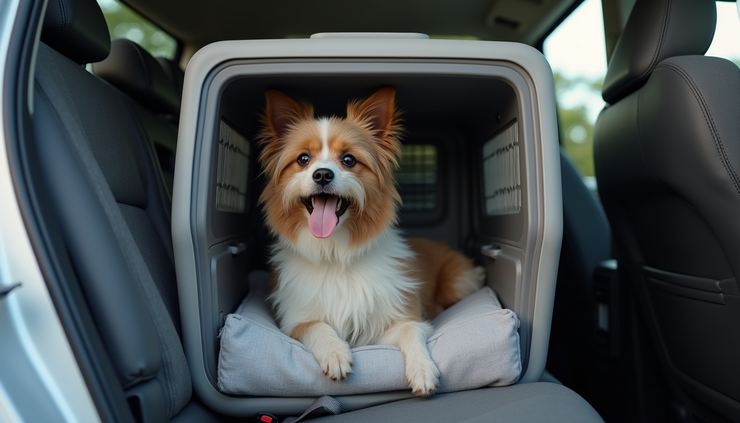 Eye-level view of a well-ventilated ergonomic pet crate inside a car