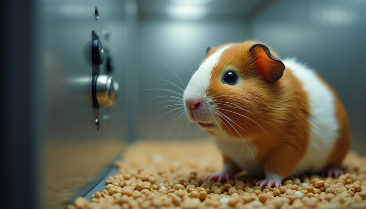 Close-up view of a guinea pig resting in a temperature-controlled habitat