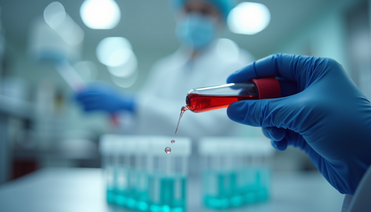 Close-up view of a laboratory test tube with blood sample for biomarker analysis