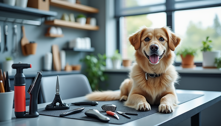 Close-up view of a quiet grooming area with ergonomic pet grooming tools arranged neatly