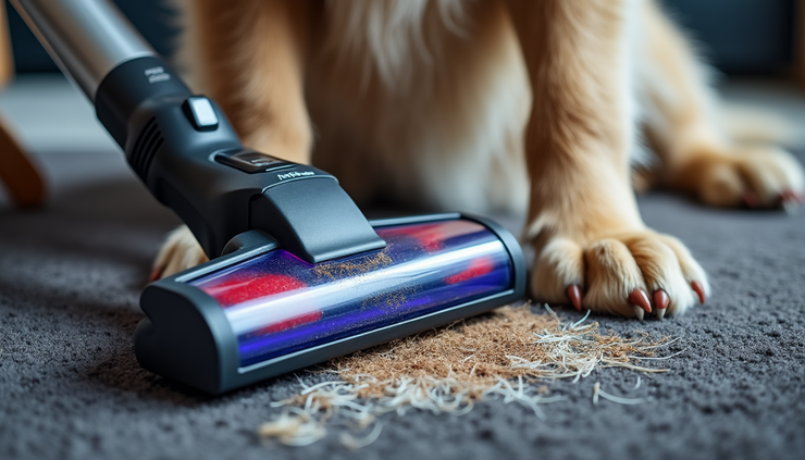 Close-up view of vacuum-assisted grooming tool lifting dead undercoat from a pet’s fur