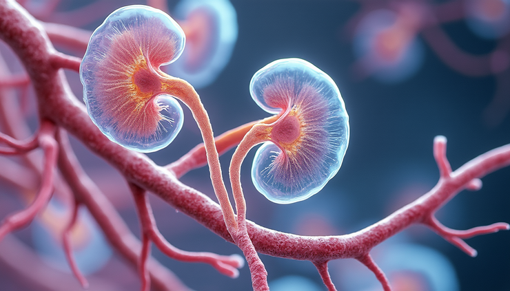 Close-up view of feline kidney tissue under microscope showing nephron structures