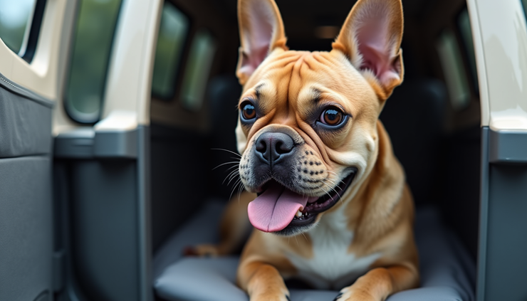 Eye-level view of a pet carrier with a brachycephalic dog inside, prepared for air travel