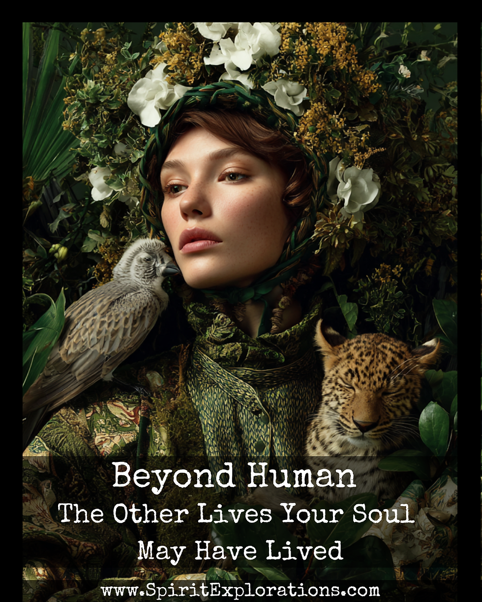 A person with a floral headdress is surrounded by a bird and a leopard. Text reads "Beyond Human: The Other Lives Your Soul May Have Lived" with a website.