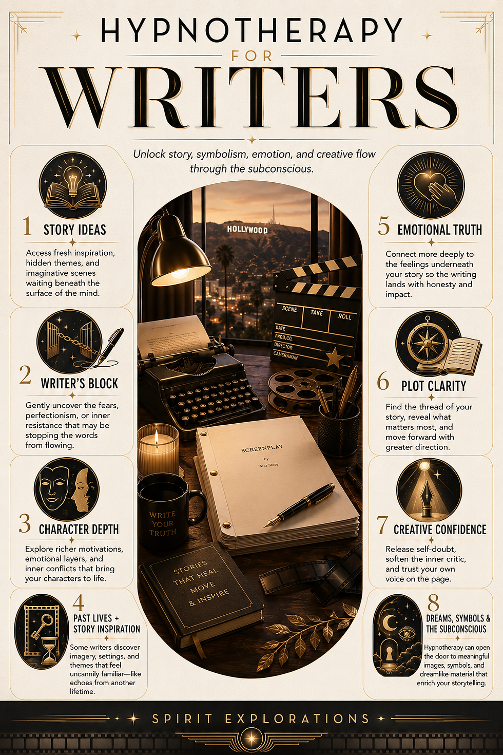 Infographic titled Hypnotherapy for Writers, with a desk scene of a screenplay, typewriter, lamp, and Hollywood backdrop, plus 8 tips.