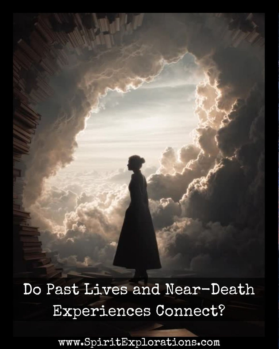 Silhouette of a person against a cloudy sky in a tunnel made of books. Text: "Do Past Lives and Near-Death Experiences Connect?"