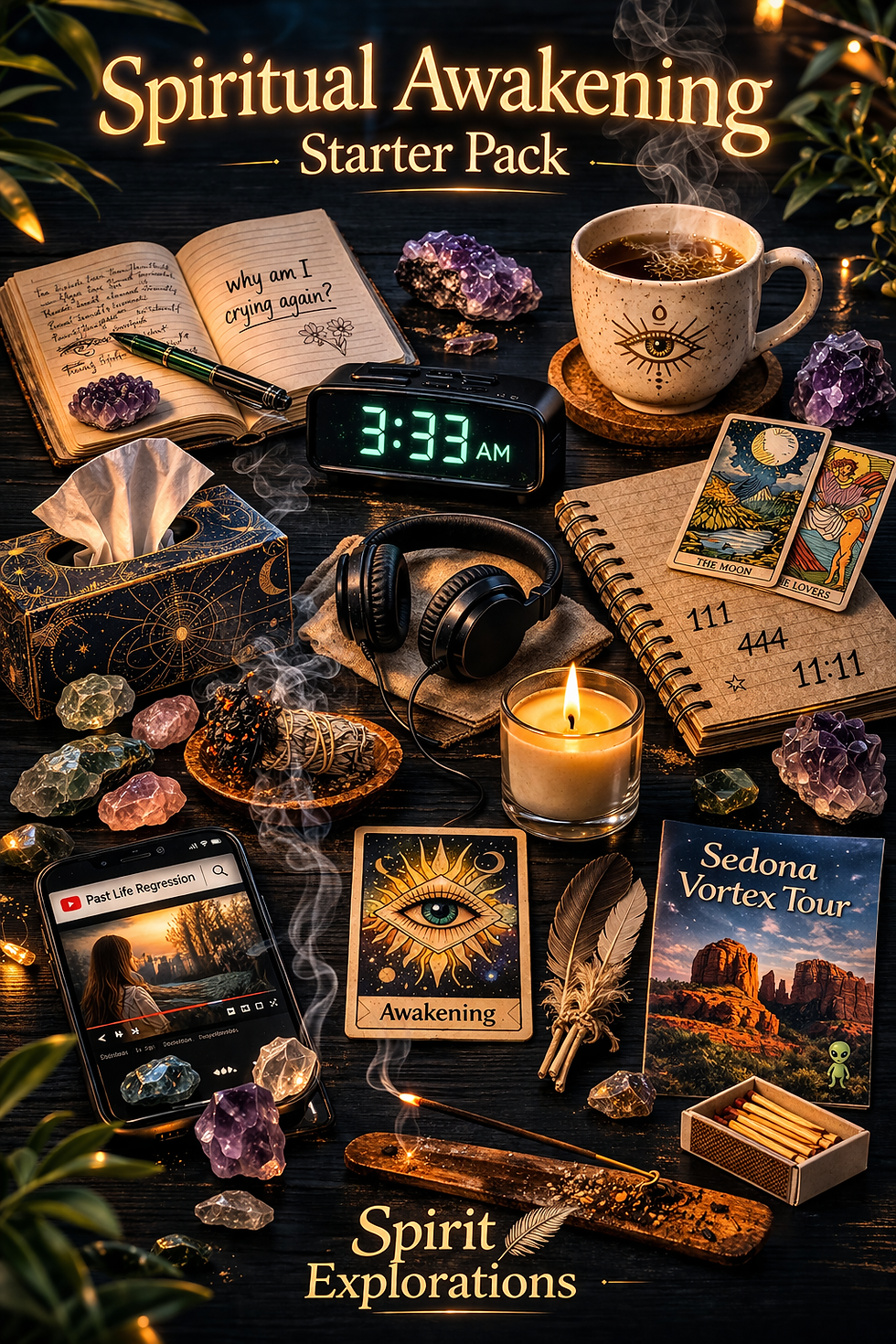 Spiritual Awakening Starter Pack: notebook, crystals, tarot cards, coffee at 3:33 AM, burning incense, and spiritual-themed items on a dark surface.