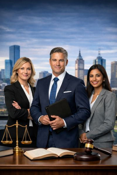 Three professional divorce lawyers standing in a Melbourne office with city skyline, gavel and scales of justice on desk.