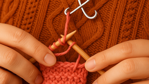 Close-up of a woman Portuguese-purling: coral yarn runs in front from a silver S-hook knitting pin; right needle inserted purlwise; thumb poised to flick the yarn; textured purl fabric on wooden needles against a rust cable-knit sweater.