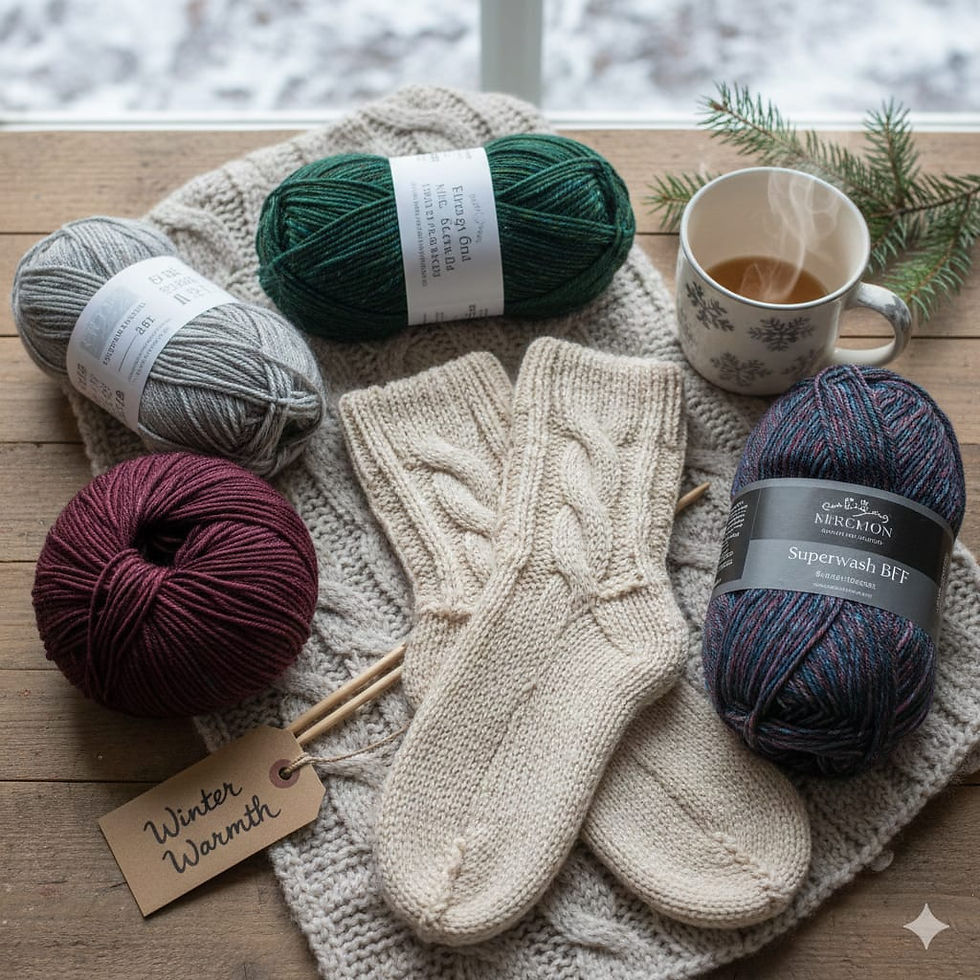 A cozy winter knitting scene featuring a pair of cream-colored hand-knit cable socks placed on a textured knitted blanket. Surrounding the socks are several balls of yarn in deep burgundy, forest green, heather gray, and blue-purple variegated shades. A steaming mug of tea sits near a small pine branch, and a kraft-paper tag labeled “Winter Warmth” rests beside wooden knitting needles. Snow is visible through the window in the background.
