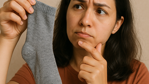 A young woman with shoulder-length black hair, wearing a brown t-shirt, sits thoughtfully while holding a worn-out knitted sock in her hands. She appears to be contemplating how to repair it, with a focused yet concerned expression on her face. The background is softly lit, emphasizing the cozy, handmade nature of the scene.