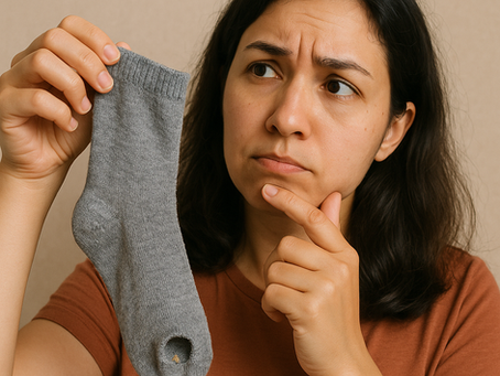 A young woman with shoulder-length black hair, wearing a brown t-shirt, sits thoughtfully while holding a worn-out knitted sock in her hands. She appears to be contemplating how to repair it, with a focused yet concerned expression on her face. The background is softly lit, emphasizing the cozy, handmade nature of the scene.