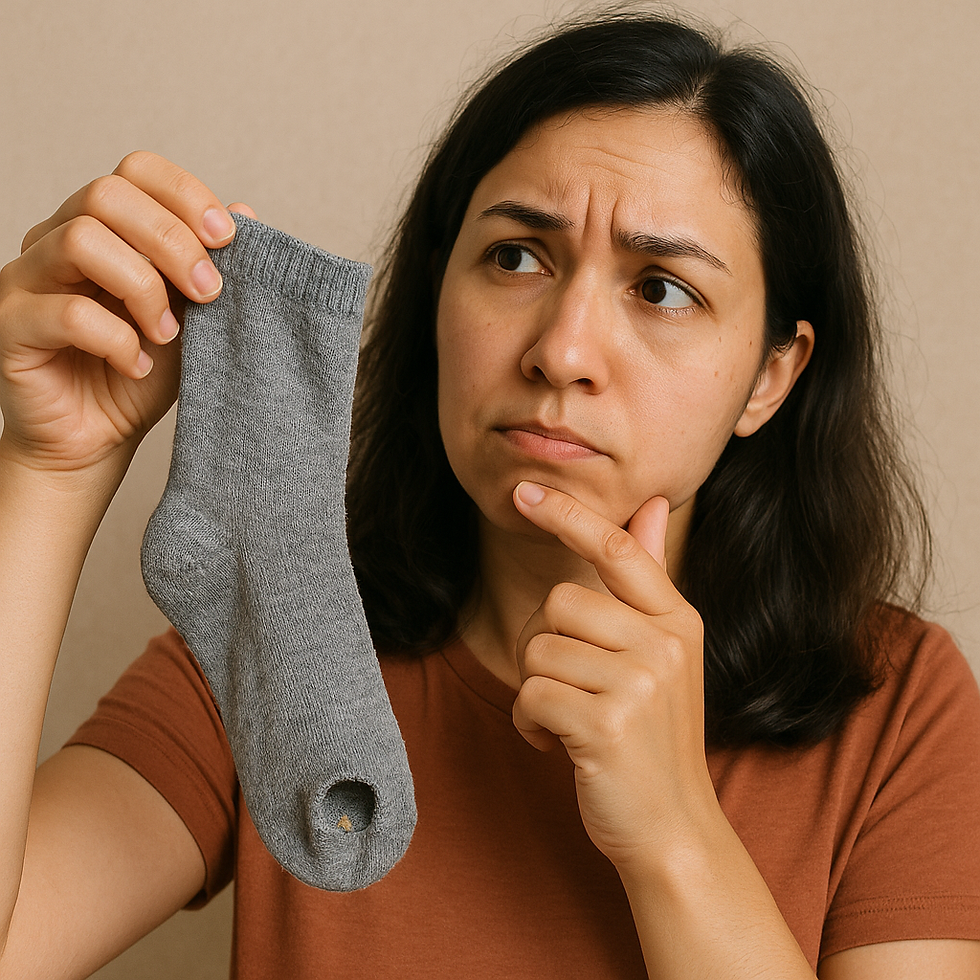 A young woman with shoulder-length black hair, wearing a brown t-shirt, sits thoughtfully while holding a worn-out knitted sock in her hands. She appears to be contemplating how to repair it, with a focused yet concerned expression on her face. The background is softly lit, emphasizing the cozy, handmade nature of the scene.