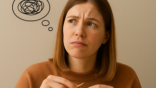 A frustrated woman wearing a brown sweater is knitting a pink sock with visible twisted cables. A red circle highlights a cable mis-cross mistake in the pattern. Above her head, the text reads “Fixing Twisted Cables and Misaligned Patterns in Sock Knitting,” with a thought bubble showing a scribbled knot, symbolizing confusion.