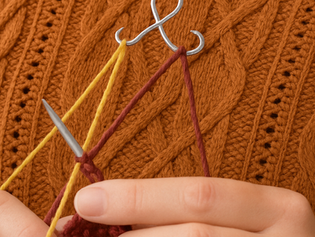 A close-up photo of a person knitting while wearing a rust-colored cable-knit sweater. The person uses burgundy and mustard-yellow yarn, guided through a silver ampersand-shaped knitting pin necklace. Their hands are shown mid-stitch, holding knitting needles and working on a burgundy fabric.