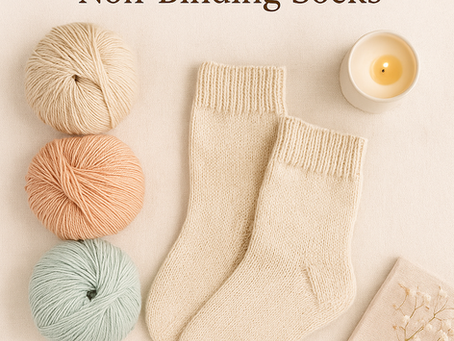 Flat lay image featuring soft bamboo and merino blend yarn skeins in natural tones, a pair of hand-knit diabetic-friendly socks, and cozy wellness items on a neutral background. The image includes the blog title text: “Best Yarn Choices for Diabetic-Friendly and Non-Binding Socks,” evoking a warm, comfort-focused vibe for sensitive feet care.