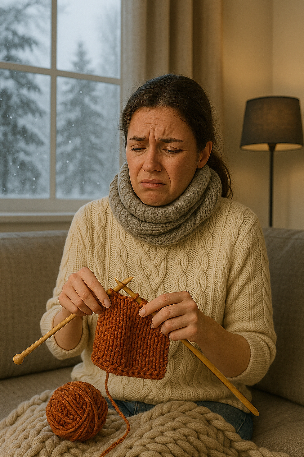A woman sits on a cozy sofa knitting during winter, looking uncomfortable because her hands appear cold and stiff. She frowns in frustration while holding wooden needles and chunky orange yarn, with snow falling outside the window.