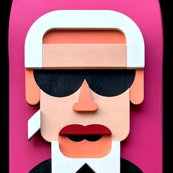 Personnage Karl Lagerfeld en bois et spray sur planche de skateboard colorée - 20 x 80 cm - artiste Nokat